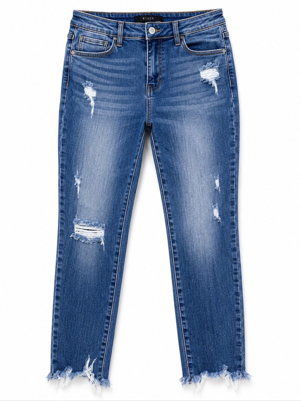 Risen Distressed High-Rise Slim Jeans in Medium Blue